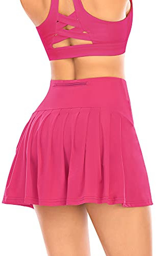 Damen Plissierter Tennisrock mit Hose Faltenrock Kurz Hosenrock Tennis Golf Sport Workout Running Rock Sommerrock Minirock (Rosarot, 2XS)