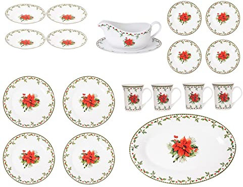 Harvey & Mason Full Dining Set 18pc Christmas Holly Porcelain Set - Festive Dinner Setting Plates Bowls Mugs Gravy Boat Xmas