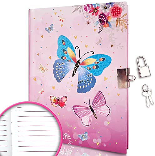 GINMLYDA Secret Diary for Girls with Lock, 7 x 5.25 Inches 160 Pages Girls Gifts Diary with Lock Butterfly Girls Journal Kids Notebook for Girls Birthday Presents 6-10 Years Old