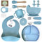 O'doe 17-teilig Baby LED-Entwöhnungszubehör für Kleinkinder, Babyfütterungsset | Saugnapf-Silikon-Babyschale, selbstverzehrende Utensilien mit Löffeln, Tassen, Lätzchen, Essteller-Set mit |Blau, V2