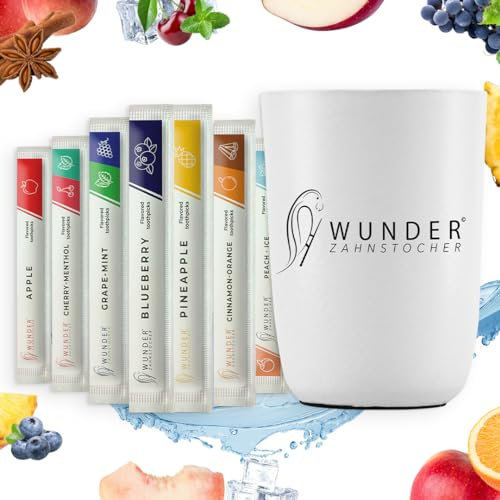 Wunder palillos de dientes con sabor - 80x palillos de dientes empaquetados individualmente + 1x portapalillos - Elegante recipiente de aluminio para nuestros palillos de dientes - Recipiente blanco