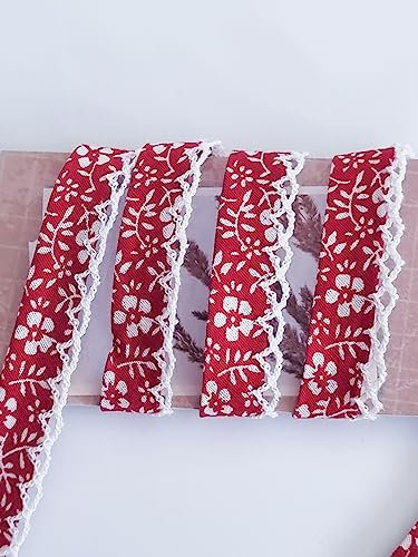 Designer Popeline Schrägband Blümchen Mit Spitze Baumwolle OEKO-TEX Made in Holland (Rot)