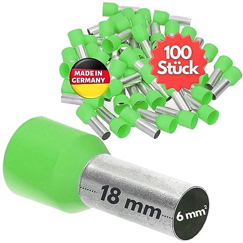 Kalitec AE618GN - 100 terminali isolati, 6,0 mm², lunghezza 18 mm, verde, Made in Germany, qualità industriale