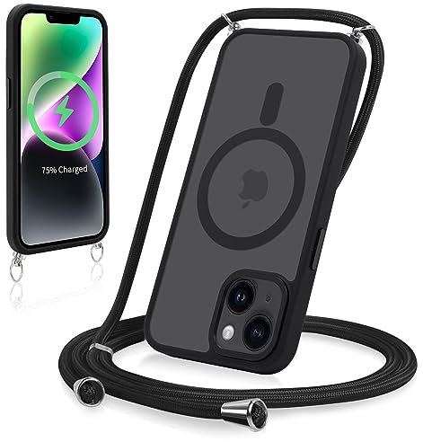 Yoedge Magnétique Coque pour iPhone 14 Plus 6,7 avec Cordon, Compatible avec MagSafe, Étui Mat Translucide Rigide PC + TPU Bumper Antichoc Protection Housse avec Réglable Collier Laniere Case, Noir