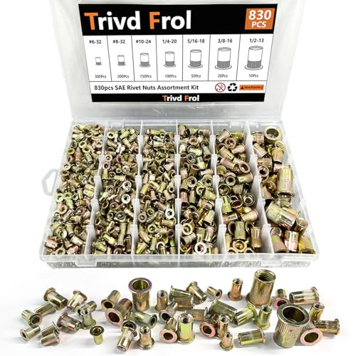 Trivd Frol Rivet Nut Tool Kit, 830pcs SAE/Metric Rivet Nut Assortment Kit #6-32, #8-32, #10-24, 1/4-20, 5/16-18, 3/8-16, 1/2-13, w Galvanized Carbon Steel Flat Head Threaded Insert Nuts (SAE - 830pcs)