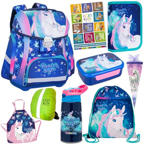 Goldkids Schulranzen Schulranzen-Set Einhorn Unicorn Ranzen Federmappe Schuhbeutel Trinkflasche Brotdose Regenschutz Zuckertüte Schürze Aufgabenheft 10-teilig