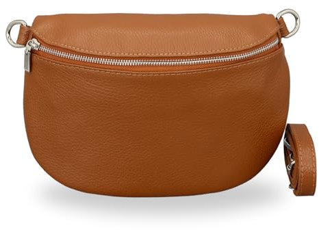 BRISE Bauchtasche Damen Echtleder AFIA Silber Handgemachte Umhängetasche Crossbody Bag mit Ledergurt Riemen 3 Fächer Hüfttasche Gürteltasche Made in Italy (Cognac Braun-Silber 1)