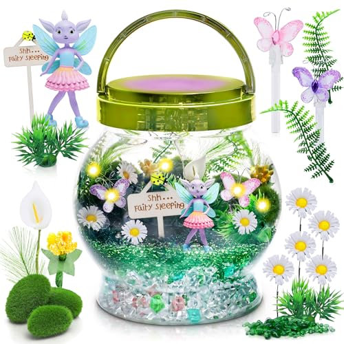 Amitié Lane Fairy Garden Kit – DIY beleuchtetes Terrarium-Set für Kinder – Feengeschenke für Mädchen im Alter von 5, 6–8 Jahren, kleines Mädchen, Spielzeug, Basteln für Mädchen, Geburtstagsgeschenk