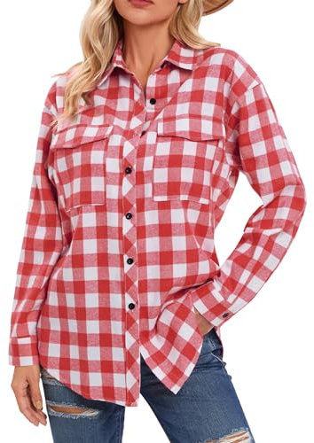 Timuspo Chemisier à carreaux pour femme - Manches longues - Pour la fête de la bière - Tunique décontractée - Col en V - En flanelle, Blanc/rouge, M