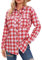 Timuspo Damen Flanellhemd Kariertes Hemdbluse Knopfleiste Langärmeliges Oktoberfest Bluse Karo Tunika V-Ausschnitt Oberteile Casual Tops Weiß Rot M