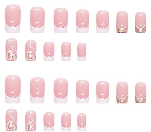 24Pcs French False Nails Short Stick on Nails White Tip Press on Nails Glitter Pink & Heart Design Almond Square Fake Nails with Removable Glue-on Fake Nails Women Girls Nail Art Accessories