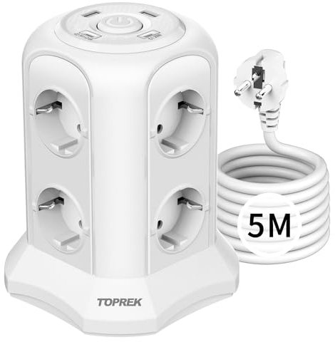 Steckdosenleiste mit USB C, TOPREK 8 Fach Mehrfachsteckdose Tower mit 2 USB-A & 2 USB-C(USB-C1 20W PD3.0 Schnellladegerät), 4000W/16A Steckerleiste mit 5M Kabel & Schalter für Zuhause, Büro (Weiß)