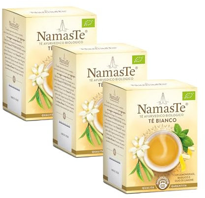 Pompadour NamasTe, Tè Bianco Biologico con Cannella, Lemongrass, Scorza di Limone e d'Arancia, 45 Filtri (3 Confezioni da 15 Filtri), 100% Naturale, Senza Lattosio, Glutine, Vegan