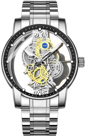 FORSINING Analoge Quarzuhr für Herren, transparent, Skelett-Armbanduhr, Edelstahl, luxuriöses Zifferblatt, Business für Herren, wasserdicht, leuchtend