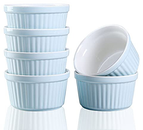 YAZYLIFE Ramekins 6oz Oven Safe, Creme Brulee Ramekin and Souffle Dishes, Porcelain Baking Bowls, Dipping Sauce Dish.Pudding Cups, Set of 6, Blue.
