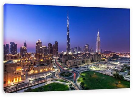GRASKY Bilder Leinwandbilder Bild auf Leinwand Architekturfotografie Dubai Skyline bei Nacht Burj Khalifa Wandbild Kunstdruck Wanddeko Wand Wohnzimmer 80x120cm(31x47Zoll) Innenrahmen