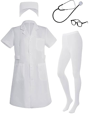 mifengda Nurse Costume for Women White Lab Coat Doctor Costume Halloween Outfit Include Coat Hat Stethoscope Socks Glasses