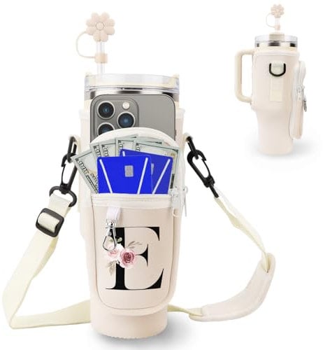 Initial Personalized Water Bottle Bag for Stanley 40oz Tumbler,with Phone Pocket,Neoprene Water Bottle Carrier with Adjustable Strap and Straw Cover & Carabiner,for Stanley Cup Accessories (E)