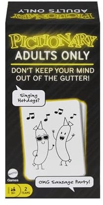 Mattel Games Pictionary Adults Only - la Version sans Filtre pour Adultes consentants, Jeu de société, Jeu de Dessin avec Croquis absurdes, ardoises, feutres et sablier, Version Française, JCM28