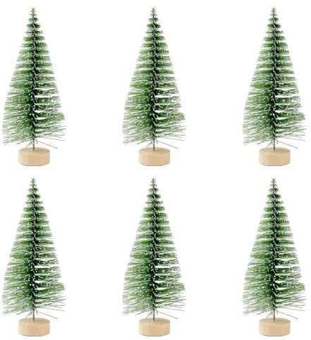 6PCS Artificial Mini Christmas Trees, Bottle Brush Christmas Trees with Wood Base, Artificial Snow Frost Trees Sisal Trees for Christmas Decoration, Green 13cm