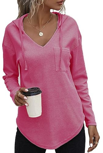 SENBATU Felpa con Cappuccio Donna Manica Lunga Maglione Scollo a V con Cappuccio Maglione con Coulisse e Tasca Rosa Rosso x-Large