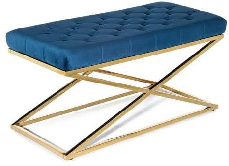 HowHomely Sitzbank Samt | Blau Garderobenbank mit Golden Edelstah Beine | Polsterbank 97x50x44 cm für Flur Wohnzimmer | Schlafzimmer Möbel und Schlafzimmer Zubehör