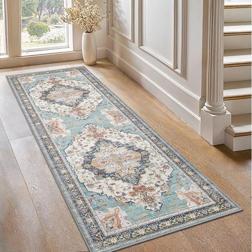 GENIMO Vintage Teppich Schlafzimmer 80x200CM Teppich Flur Waschbare Kurzflor Boho Carpet, rutschfest Teppiche for Küche Balkon Badezimmer, Cyan