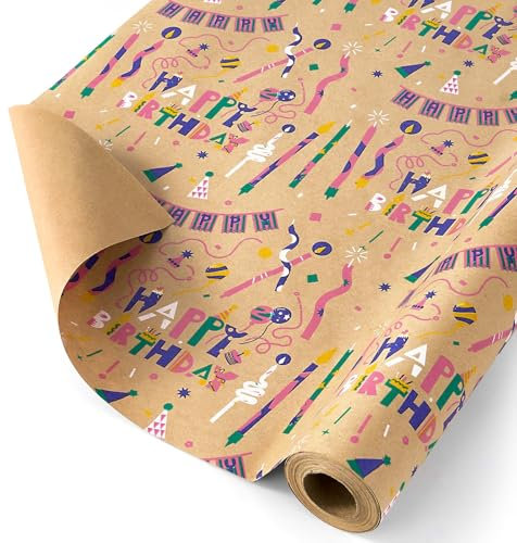 WERNNSAI Happy Birthday Kraft Geschenkpapier – 1 Rolle 43 cm x 10 m Wendbare Geburtstagsgeschenkrolle Bunter Geburtstag Kraftpapier Packpapier