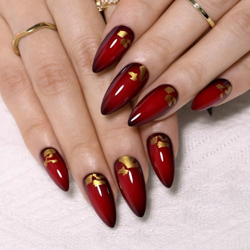 Noerrors Short Almond False Nails Red Black with Gold Foil Designs Press on Nails Goth Color Changing Ombre Vampire Gold Sequins Fake Glue on Acrylic Nails for Women Manicure 24Pcs