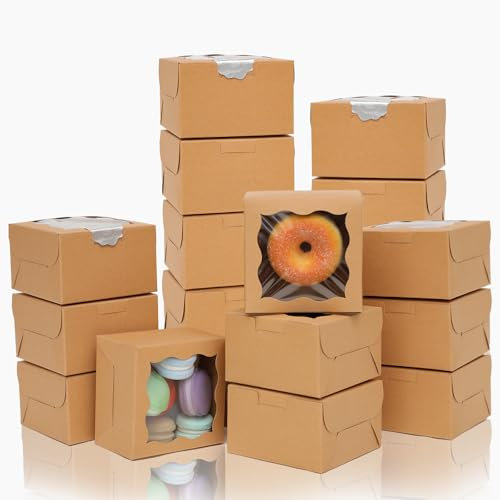 Gcardist Brown Bakery Box with Window 30Pcs 10.2x10.2x6.4cm White Cookie Boxes Pastry Box for Wedding Favor Birthday ＆ Party(4x4x2.5 Inch)