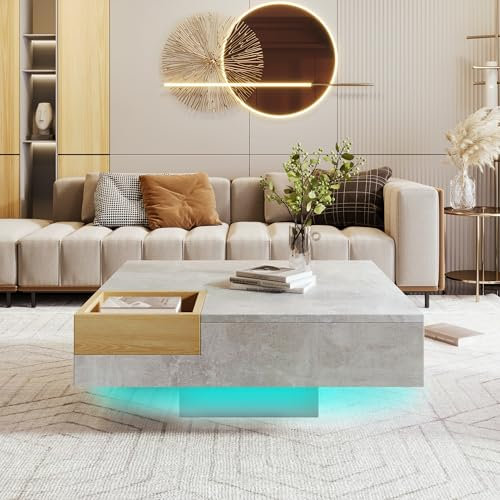 LANTRO JS Couchtisch Hochglanz, Wohnzimmertisch Weiß Hochglanz mit LED Beleuchtung Modern, Tisch Wohnzimmer, 72x72x30(cm) (grau)