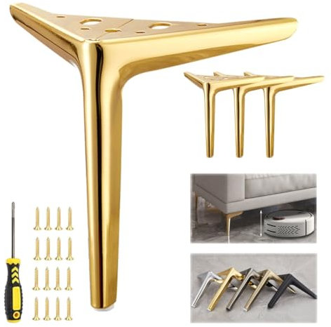 4Pcs Stainless Steel Legs for Furniture Metal Furniture Feet, Modern Style Replacement Sofa Legs Black Gold Silver with Non Slip Rubber Pads 4 5 6 7 8 10(Gold,H 10''/25cm)