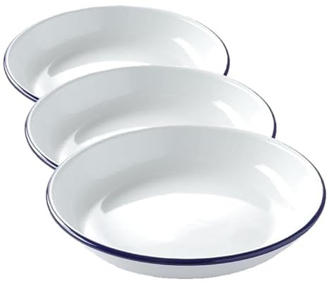 HENDI Plato de acero esmaltado blanco, con borde azul, cuenco, recipiente redondo, para horno de cocina, para preparar y servir diferentes platos, sopas, caldos, postres, ensaladas, ø240x(H) 40mm