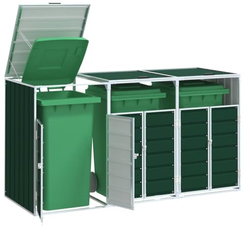 WKIEQACO Furniture Item home Wheelie Bin Storage for Triple Bins Green 216x81x115 cm Steel-Furniture