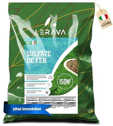 LERAVA Sulfate de Fer (150 m²) - Anti Mousse Gazon & Engrais Fer - Riche en Fer, Kalium, Magnésium - Sécurisé pour Animaux - Entretien Facile Toute l’Année - Idéal pour Pelouse & Jardin - 750g