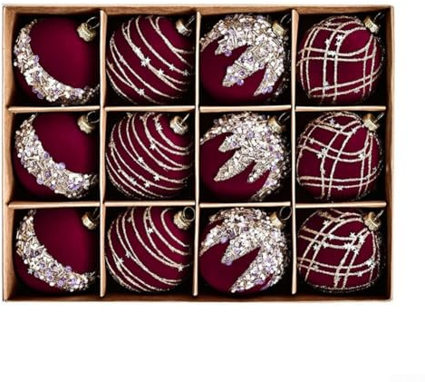 Sisinkal Weihnachtsbaumschmuck, 6 cm, Kunststoffkugeln, Set mit 12 beflockten Samt-Diamant-Pailletten, Ornamente mit Metallring, für Innen- und Außenbereich, Urlaubsdekoration, Weinrot