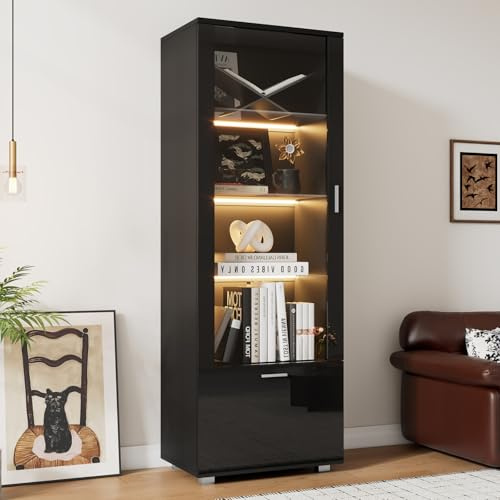 OLIVIBED Glasvitrine 40 cm Breite, Hochglanzvitrinen mit Glastüren und Schublade, Moderne Standvitrine mit Griffe, Vitrinenschrank mit Stauraum, für Wohnzimmer, Büro, Schwarz, 40x50x160cm
