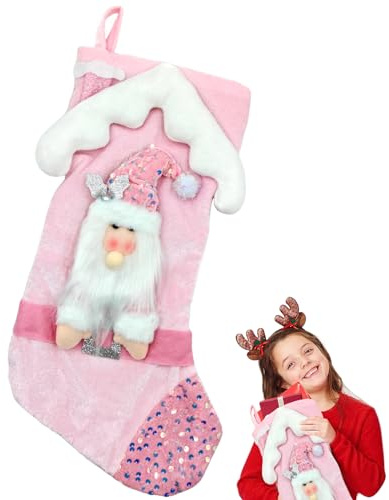 KECDRU Nikolausstrumpf Zum Befüllen Rosa Groß 3D Glitzer Weihnachtsstrumpf Nikolausstiefel Nikolausstrümpfe Weihnachtssocken Zum Aufhängen für Kamin Weihnachtsdeko (Weihnachtsmann)