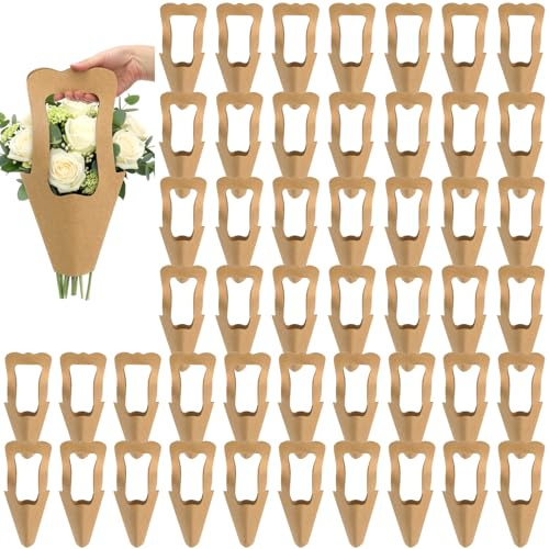 DEAYOU 60 Pack Kraft Paper Flowers Gift Bags with Handle, Brown Hanging Bouquet Wrapping Bags, Flowers Bouquet Holder for Wedding, Valentines Day, Home Decoration, Florist Shop, Party Favor, 14x7.5