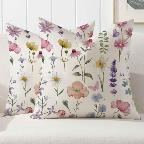 Kiatuniya Kissenbezug 40x40 Frühling Rosa Blumen Bunt Kissen Sofakissen Kissenhülle Outdoor Blume Dekorative Kissenbezüge Kopfkissenbezug für Sofa Couch Wohnzimmer Garten Deko 2er Set