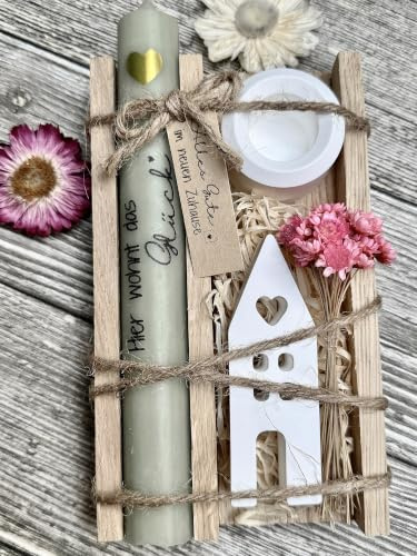 Einweihungsgeschenk Haus/Wohnung - Holzbox mit Kerze - wunderschön verziert - Einzugsgeschenke Haus/Wohnung - Tolles Geschenk zur Hauseinweihung - mit Trockenblumen - liebevoll und persönlich (Glück)