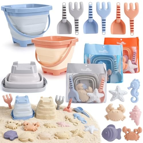 Dreamon Sandspielzeug Strandspielzeug Kinder, 18 PCS Reise Sandspielzeug mit Faltbarer Eimer, Sandkasten Strand Spielzeug für Kinder ab 3 4 5 Jahre Mädchen Junge (Blau, Orange, Grau)
