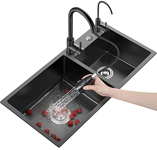 Edelstahl-Doppelwaschbecken-Set, 16 Gauge, Aufsatz-Einbauspüle mit Doppelhalterung, schwarzes Finish, 92 x 45 cm, Küchenspülen für moderne Häuser