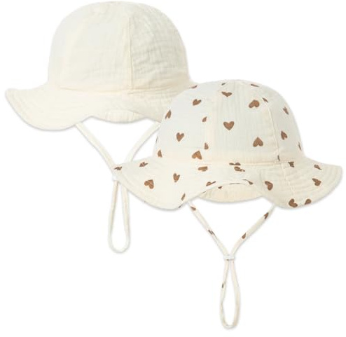 HTTDSLF 2 Pcs Chapeau Soleil Bébé, Fille Coton Chapeaux de SoleilAjustable Naissance Bonnet UV Enfant Casquette Coton Casual Plage Vacances 0 à 2 Ans, Beige et Coeurs