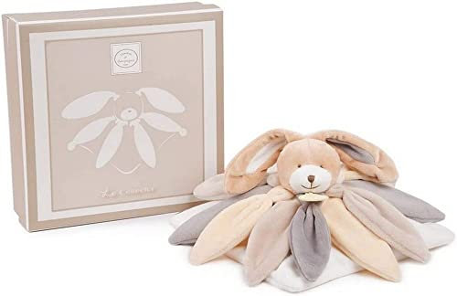 DOUDOU ET COMPAGNIE - Doudou Lapin Plat pour Bébé - Format Carré Pétale - 28 cm - Taupe - Avec Boite Cadeau - Idée Cadeau De Naissance - Garantie Doudou Perdu - DC2792