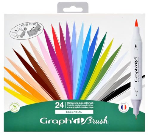 GRAPH’IT Marqueurs Couleurs - Set de 24 Marqueurs à Alcool Double Pointe - Illustration, Manga, Dessin - Pointe Extra-Fine et Pinceau - Couleurs Éclatantes et Rechargeables - Brush Marker