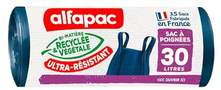 alfapac - 15 sacs-poubelle 30L à poignées ultra-résistant- fabriqués en France bi-matière recyclée & végétale