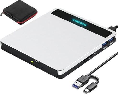 SOMDARHK External DVD Drive for Laptop: USB 3.0 & Type-C Portable CD Burner Reader with SD/TF Card Slot & 2 USB Ports/Slim Silver Compatible with PC Tablet Mac (Windows 11/10, MacOS, MacBook Pro)