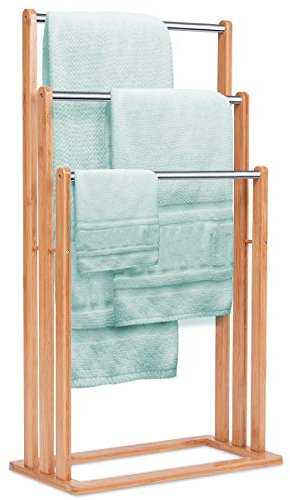 GIANTEX Handtuchständer freistehend Bambus, Badehandtuchständer Handtuchhalter Badetuchhalter mit 3 Handtuchstangen aus Edelstahl, Badaccessoire für Handtücher