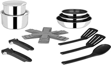 Sitram, batterie cuisine inox, 15 pcs, 2 casseroles 2 couvercles, 3 feutrines, 2 spatules, 1 cuillère en nylon, 2 poignées amovibles, tous feux dont induction 714690 Gris